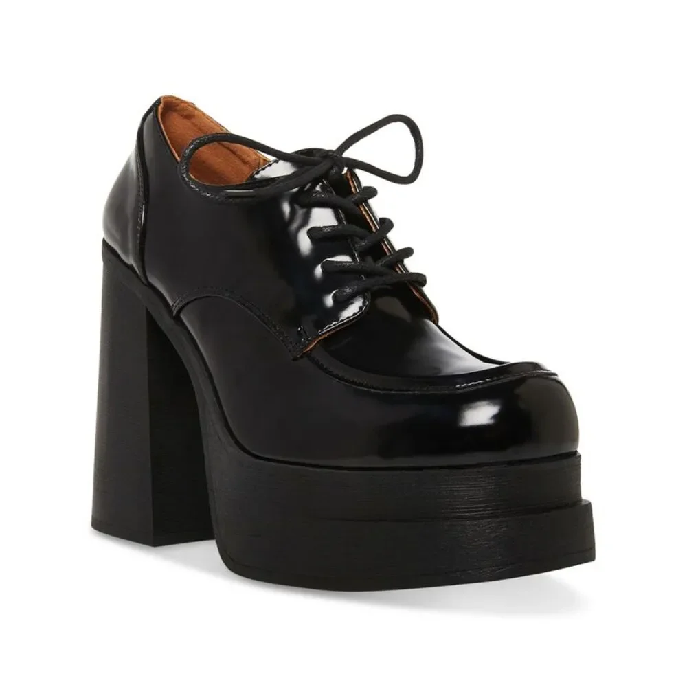 MADDEN GIRL Womens Black 1-1/2" Platform Drummen Square Toe Oxfored Heels 9.5 M